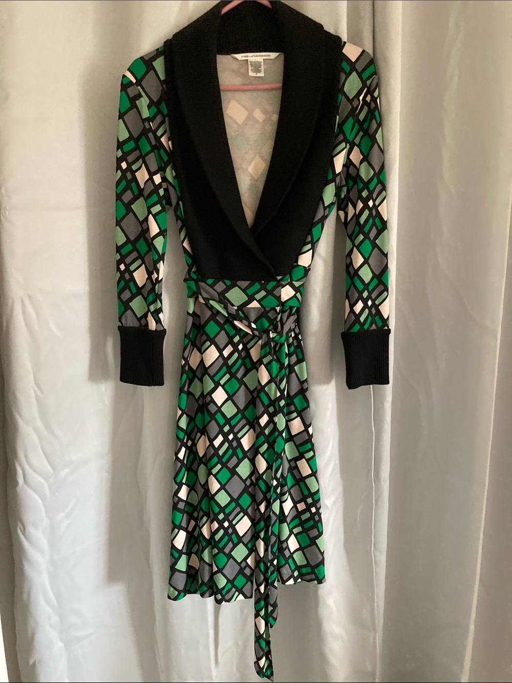 Diane Von Furstenberg Green, Black & White Geometric Wrap Dress